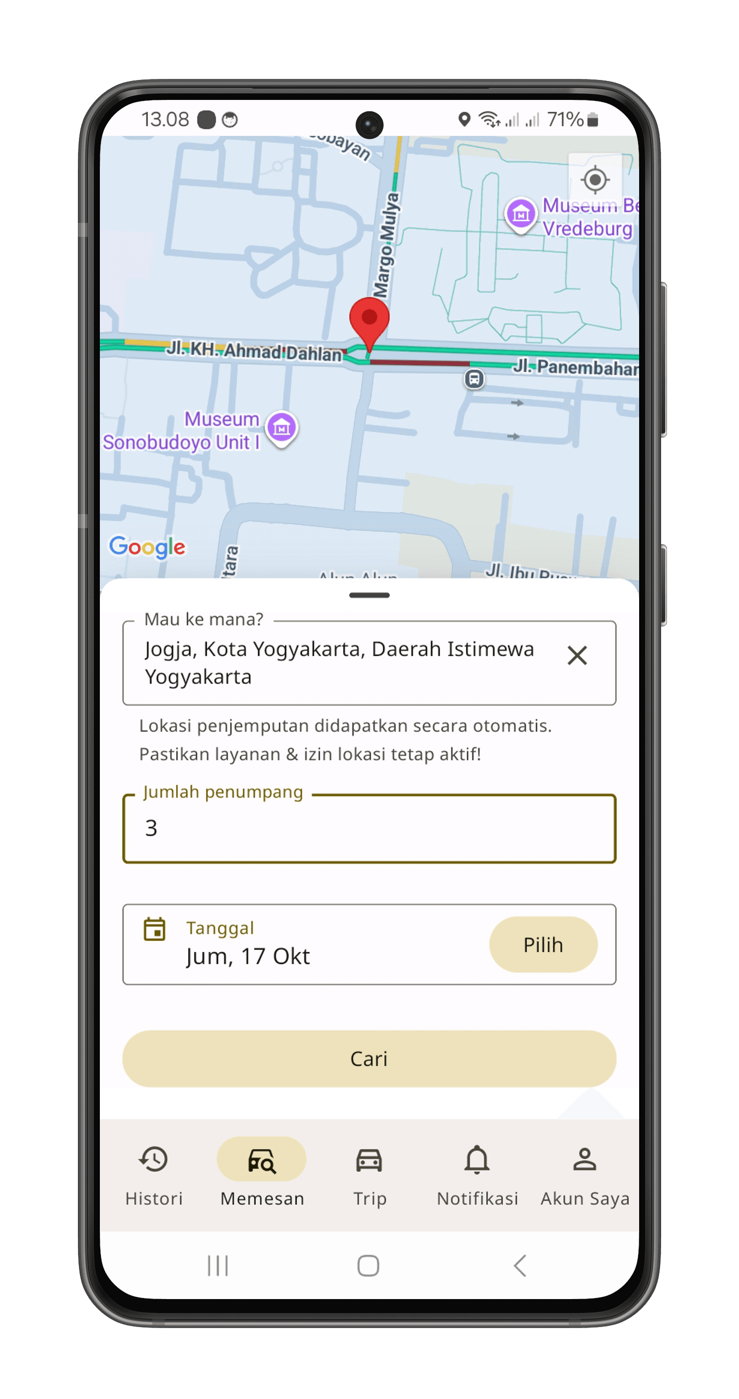 Tangkapan layar: Pencarian trip