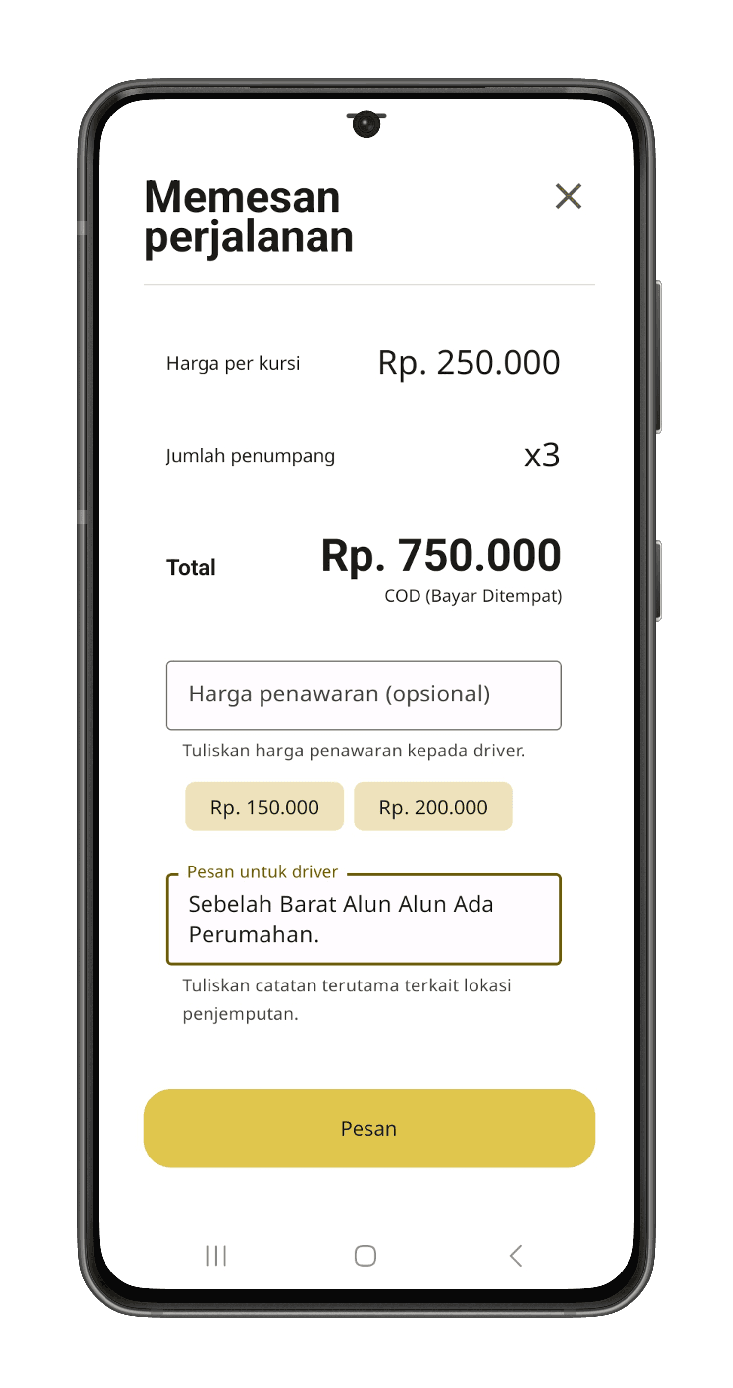 Tangkapan layar: Form pemesanan cepat