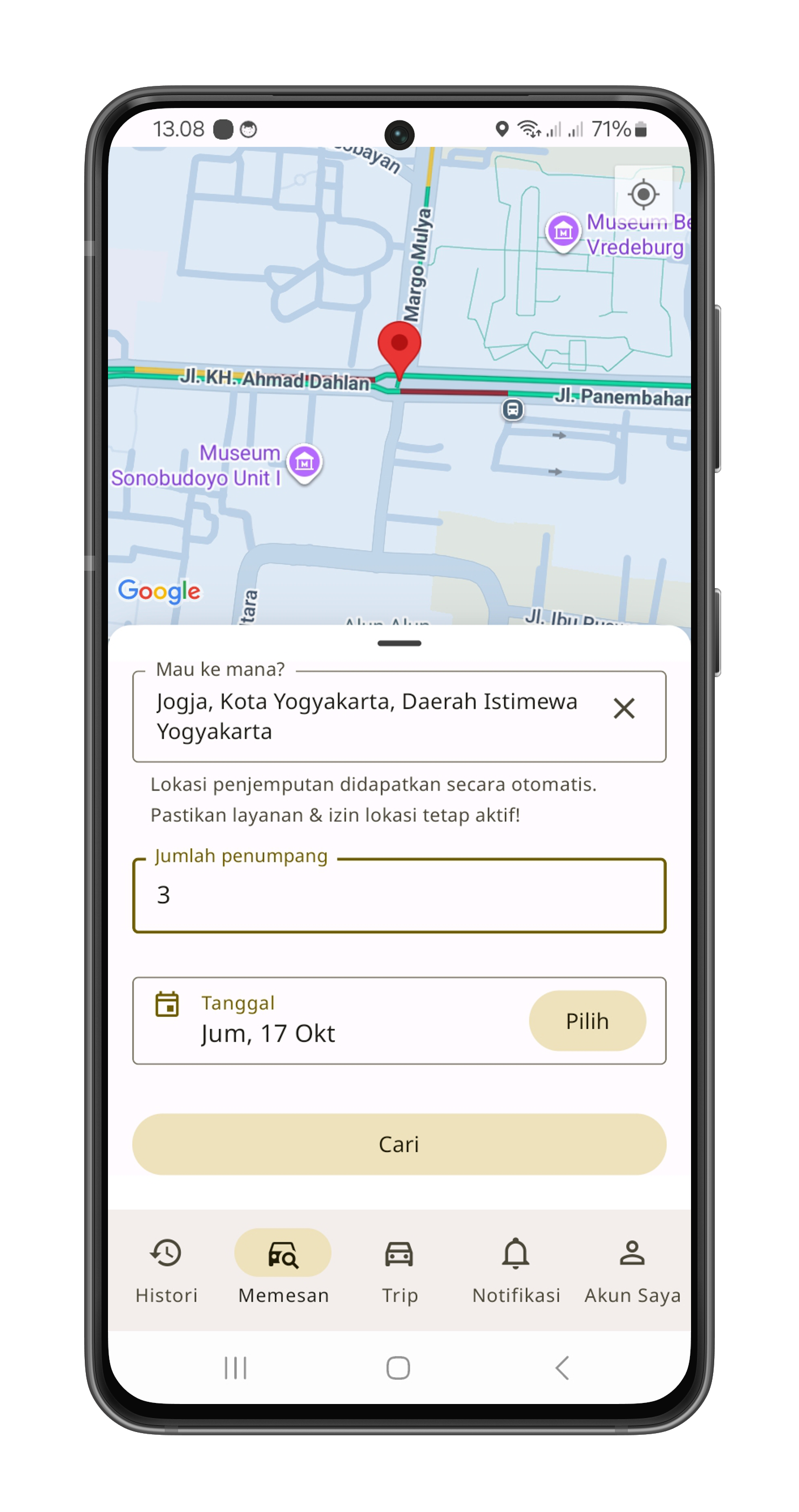 Tangkapan layar: Pencarian trip